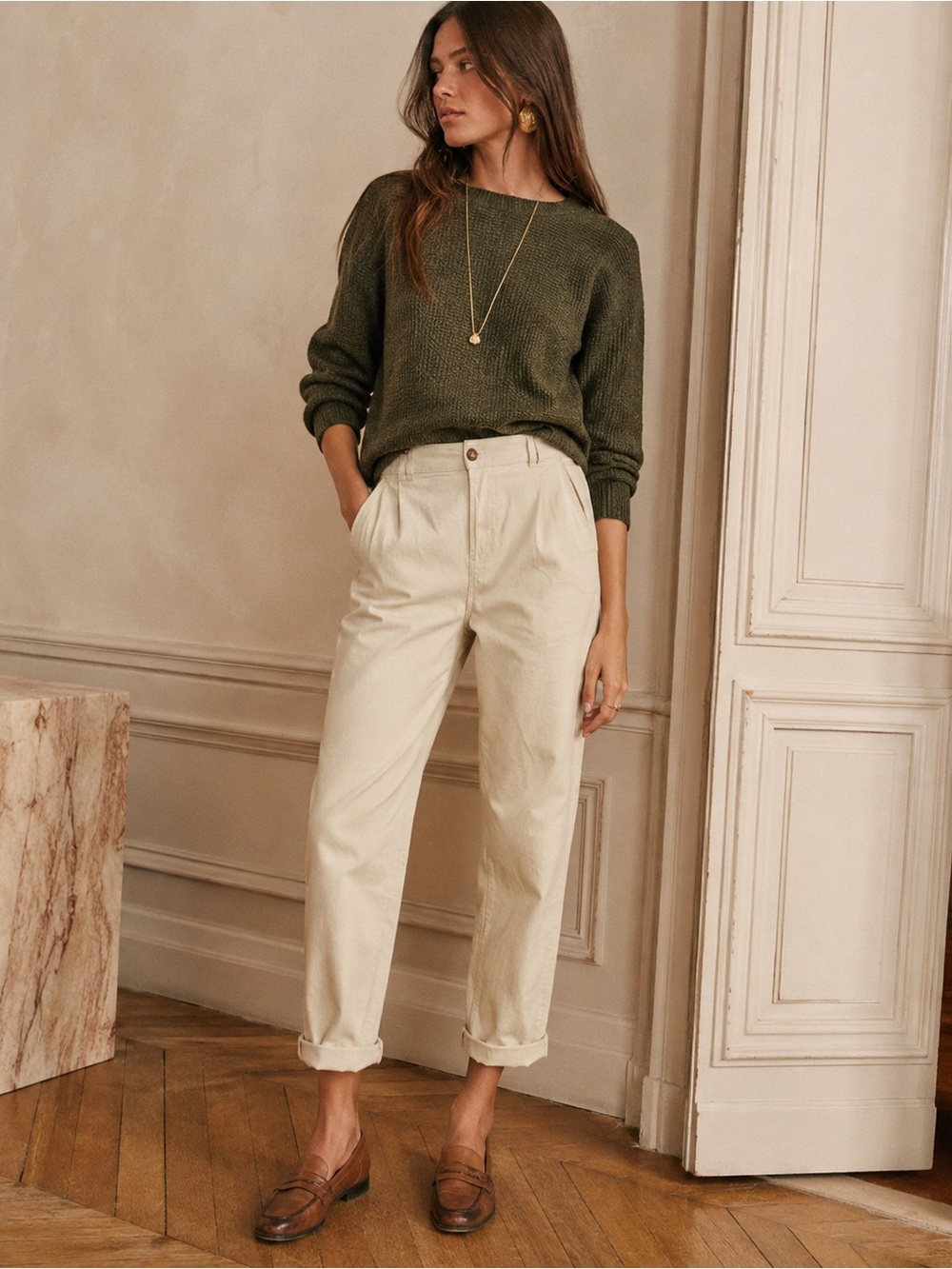 Sezane Pleated Tapered Leg Cotton Trouser Straight Leg Jeans Beige Cream Sz 40